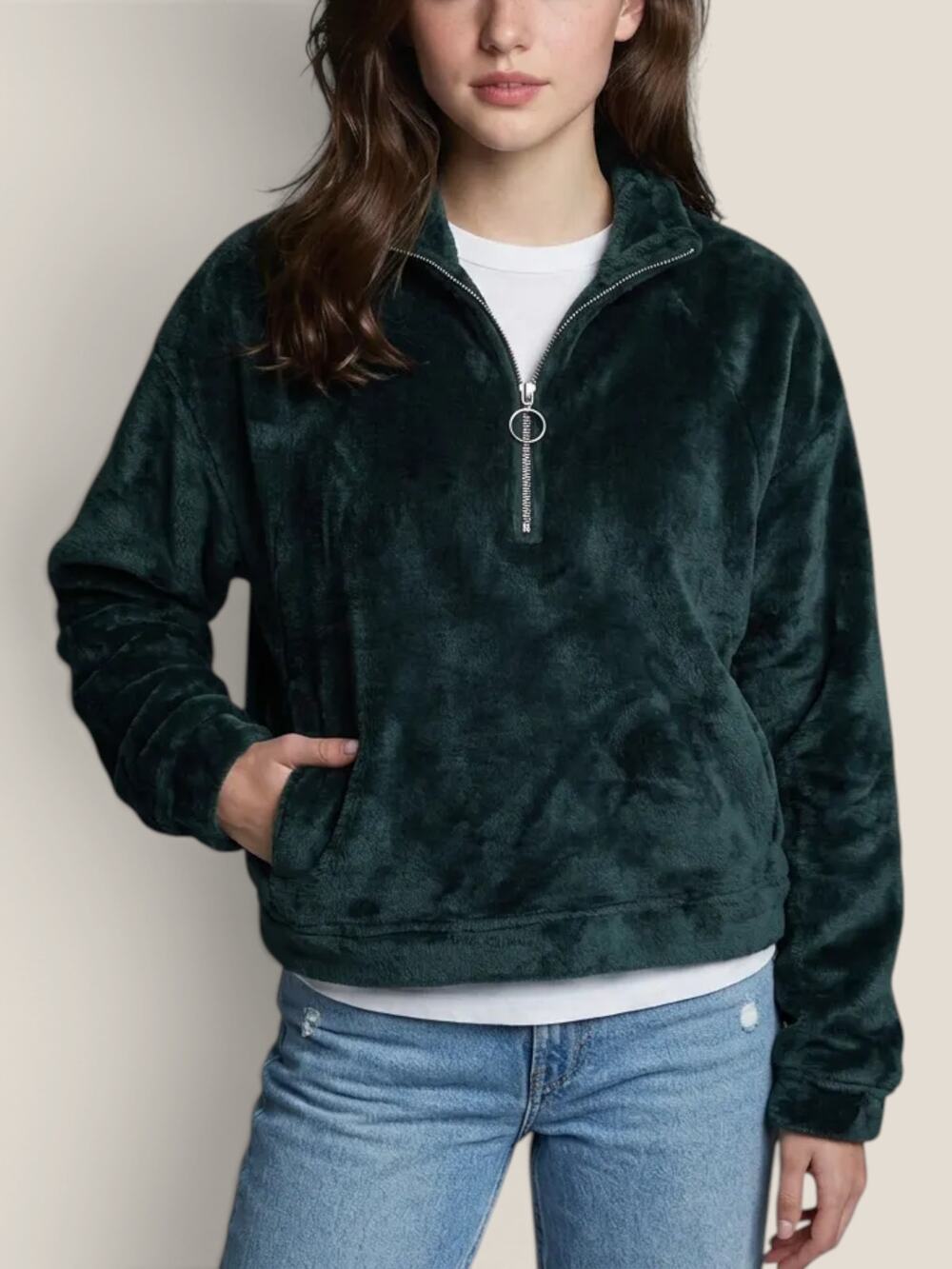 Hollister Faux Fur Quarter Zip Pullover Forest Green Size Small